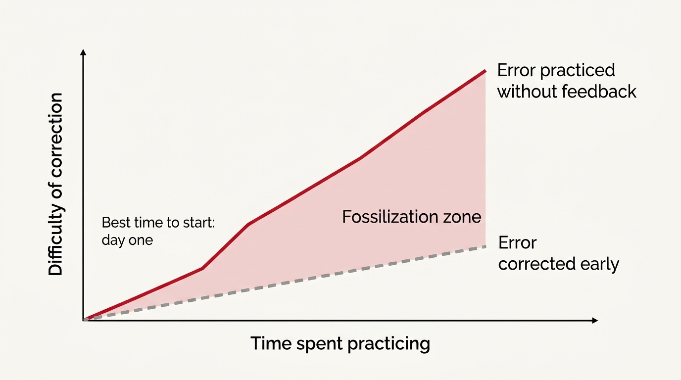 Why you should correct Chinese pronunciation from day one Chart showing how Chinese pronunciation errors fossilize faster when practiced without feedback