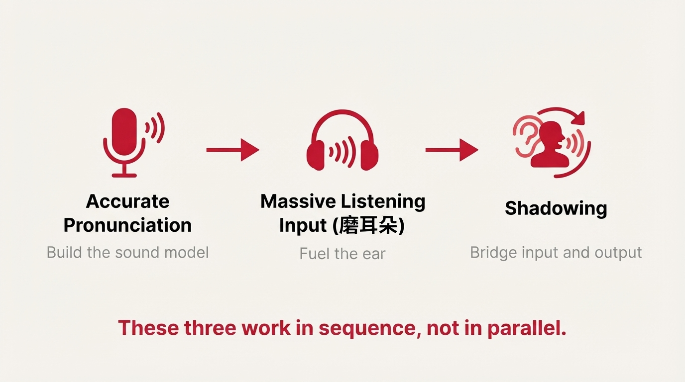 The 3 foundations of Chinese listening and speaking Three foundations of Chinese listening and speaking: accurate pronunciation, massive listening input, and shadowing, working in sequence
