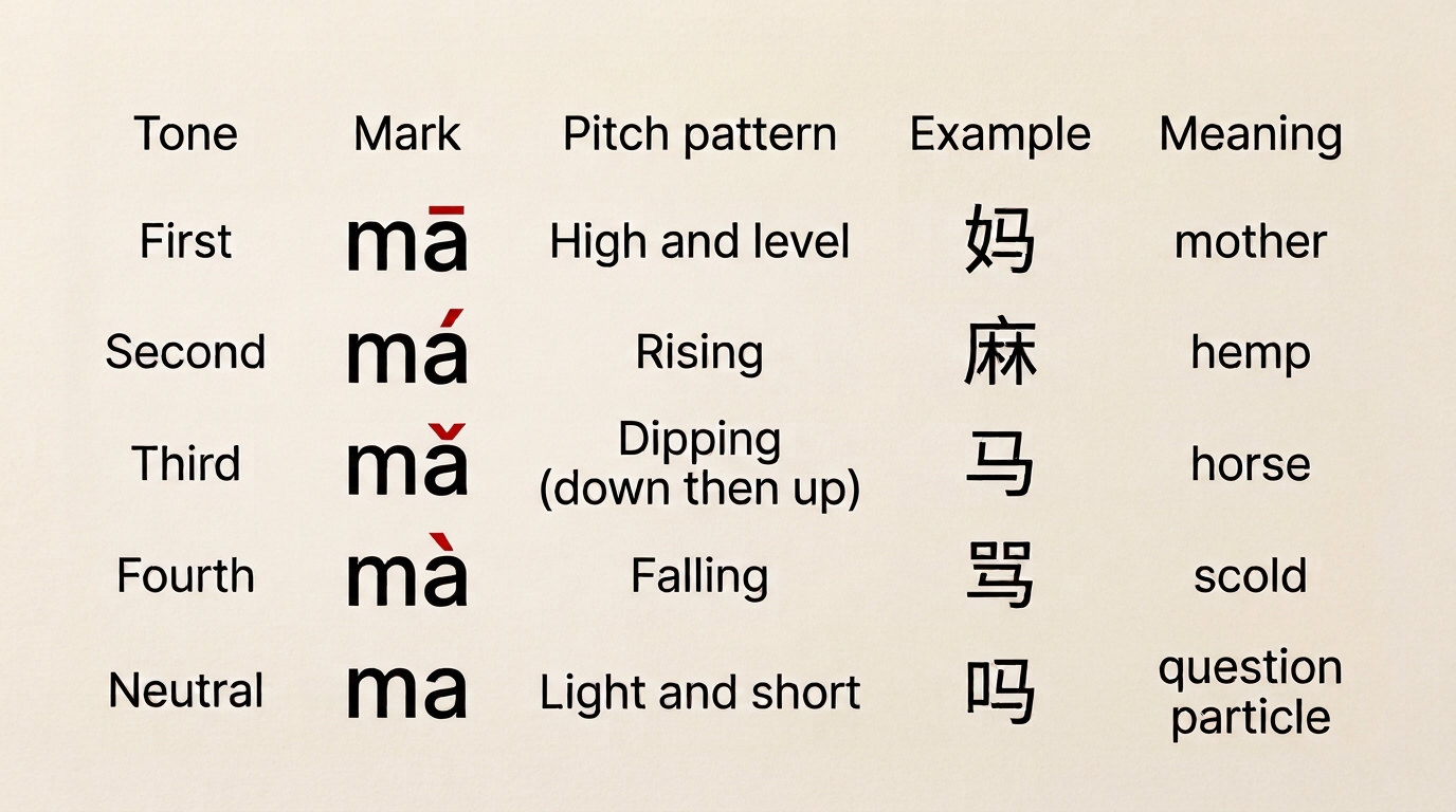 The five Mandarin tones: mā, má, mǎ, mà, and ma Five Mandarin tones illustrated with mā, má, mǎ, mà, and ma
