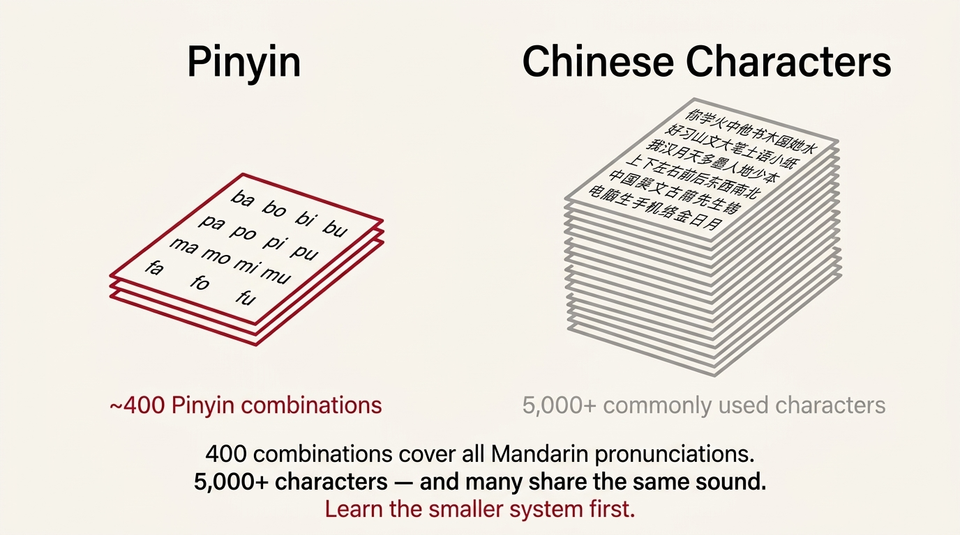 Why learning Pinyin first is faster than learning characters first Comparison of ~400 Pinyin combinations vs 5,000+ commonly used Chinese characters